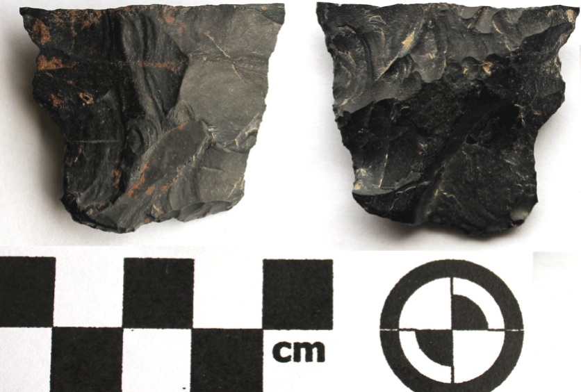 Biface fragment of artifact found above (dorsal - left, ventral - right)